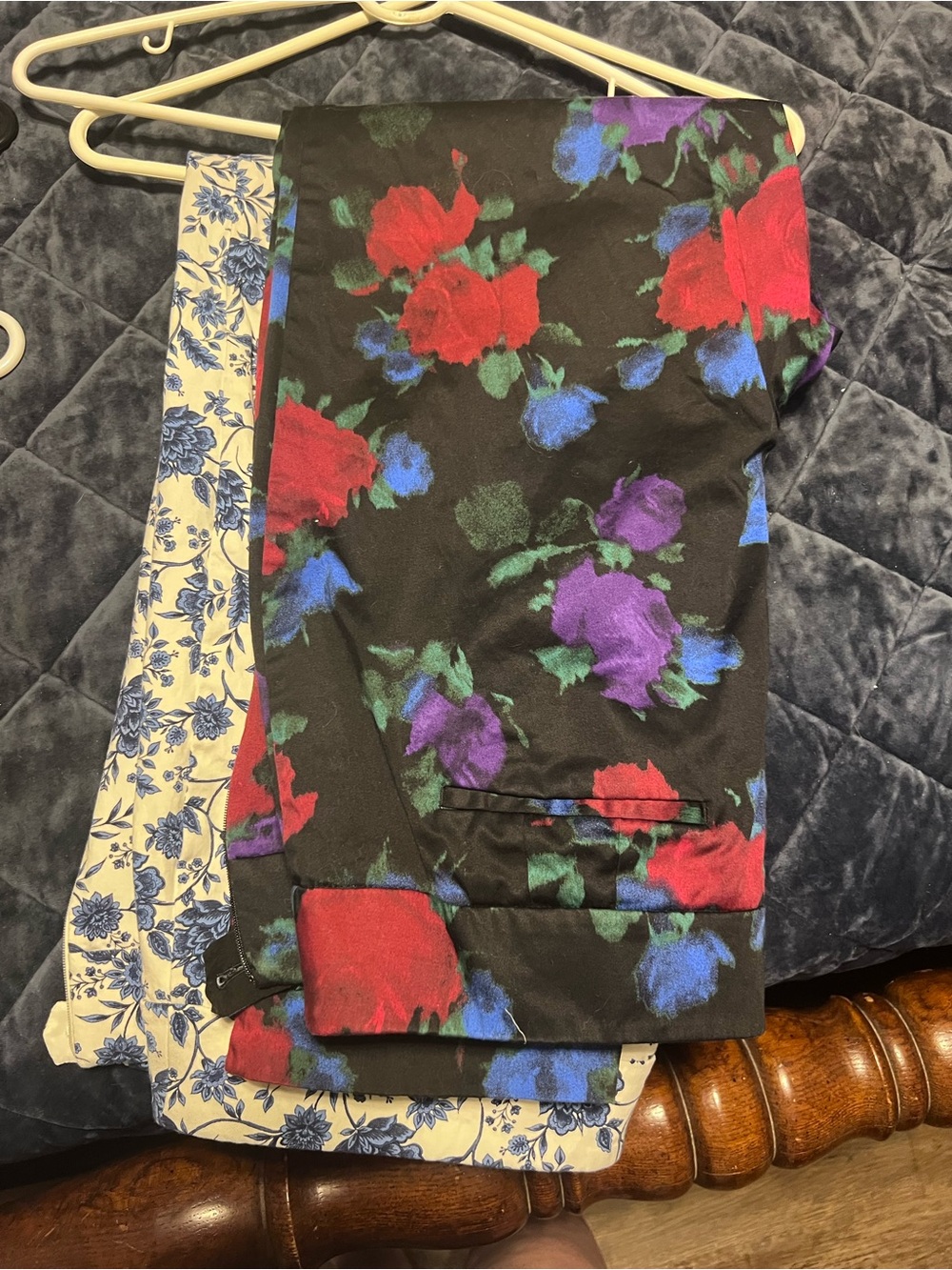 Floral Print Leggings - Black with Red, Purple & Blue Flowers